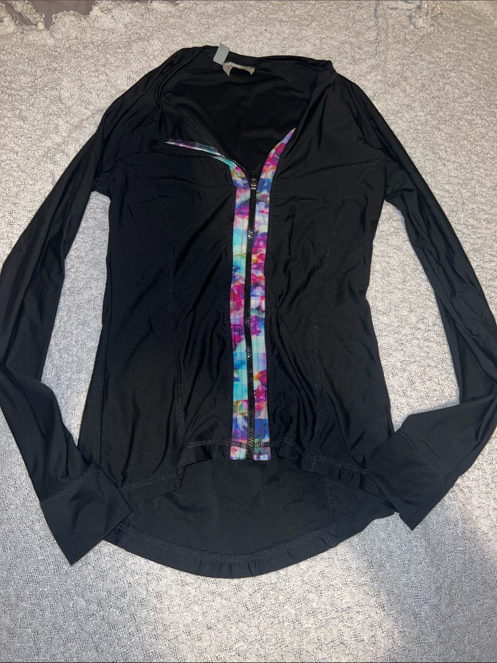 Athleta Black Long-Sleeve Zip Top with Multicolor Floral Zip Trim